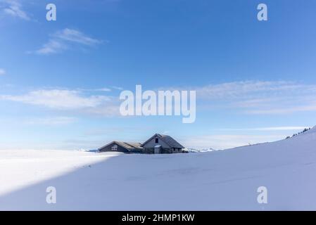 Chalet estivo isolato e scuderie in alto sulle Alpi svizzere ricoperte di neve fresca nei pressi di Bruelisau in Appenzell Foto Stock