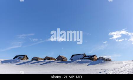 Chalet estivo isolato e scuderie in alto sulle Alpi svizzere ricoperte di neve fresca in polvere vicino alla vetta Kamor in Appenzell Foto Stock