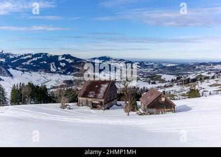 Chalet estivo isolato e scuderie in alto sulle Alpi svizzere ricoperte di neve fresca nei pressi di Bruelisau in Appenzell Foto Stock