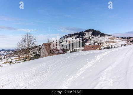 Chalet estivo isolato e scuderie in alto sulle Alpi svizzere ricoperte di neve fresca nei pressi di Bruelisau in Appenzell Foto Stock