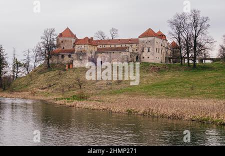 Antico castello di Svirzh vicino al lago in primavera. Regione di Lviv, Ucraina Foto Stock