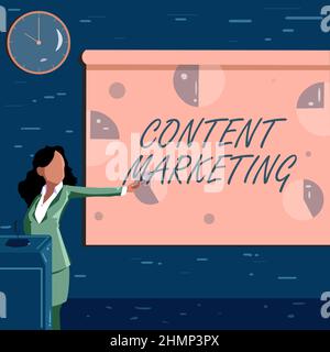 Testo di scrittura Content Marketing. Word written on implica la creazione e la condivisione di materiale online Lady Drawing Standing Holding Projector Foto Stock