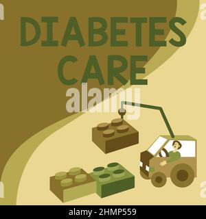 Cartello con la scritta Diabetes Care. Foto concettuale Journal per il medico per il trattamento del diabete uomo in Crane movimento intorno blocchi Foto Stock