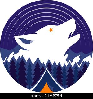 Logo Campeggio con Sky, Stelle, Foresta, tenda e un Wolf Howling Illustrazione Vettoriale