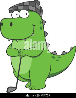 Un dinosauro carino indossa Beret Cap Leaning sul suo Golf Club Illustrazione Vettoriale