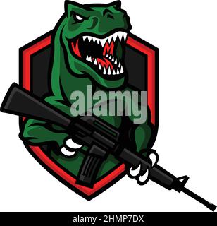 Tirannosaurus aggressivo (T Rex) con pistola M 16 con protezione di fondo Illustrazione Vettoriale