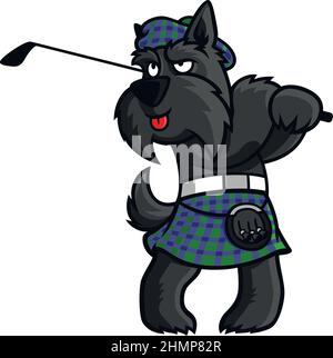 Un cane scozzese Terrier a Kilt giocando a golf con un'oscillazione Illustrazione Vettoriale
