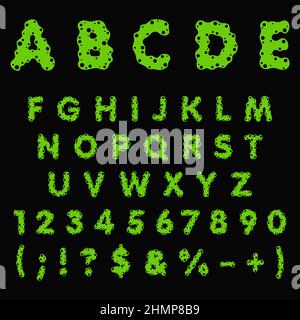 Alfabeto, lettere, numeri e segni in verde lime, liquido. Oggetti vettoriali colorati isolati su sfondo nero. Illustrazione Vettoriale