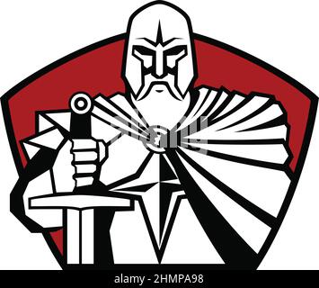 Old Knight Holding la sua spada Illustrazione Vettoriale