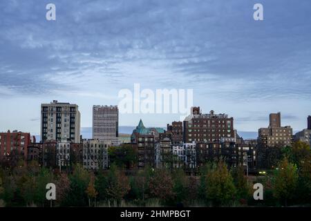 Skyline degli edifici di appartamenti a Brooklyn Heights, New York. Edifici storici e moderni su alberi nella stagione autunnale Foto Stock