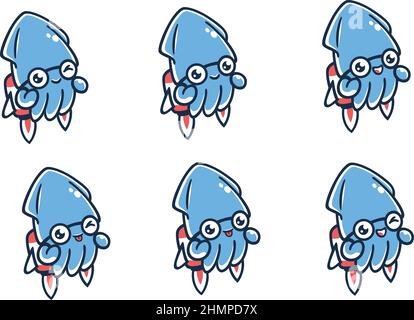 Set di Cute Squid personaggio con emozioni Illustrazione Vettoriale