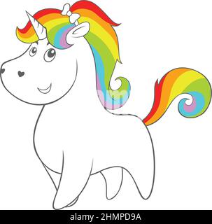 Simpatico unicorno con capelli colorati e coda Illustrazione Vettoriale
