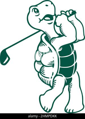 Una tartaruga carina che esegue Un disegno del carattere di oscillazione di golf del cartoon Illustrazione Vettoriale