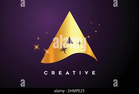Logo Gold A Letter con stelle glitterate dorate e icona della tessitura in lamina d'oro. Lettera A con le stelle d'oro e il look magico illustrazione vettoriale. Illustrazione Vettoriale