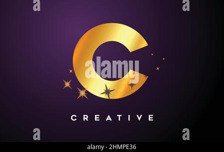 Logo Gold C Letter con stelle glitterate dorate e icona della tessitura in lamina d'oro. Lettera C con le stelle d'oro e magico aspetto illustrazione vettoriale. Illustrazione Vettoriale