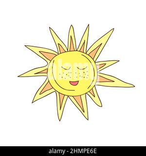 Simpatico e divertente personaggio Sun. Vettore disegnata a mano cartoon sole isolato su sfondo bianco. Concetto di carattere Sun Illustrazione Vettoriale