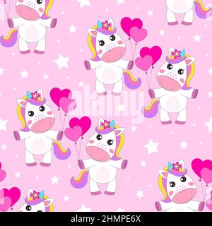 Modello senza cuciture con simpatico unicorno che vola su palloncini a forma di cuore. Vettore Illustrazione Vettoriale