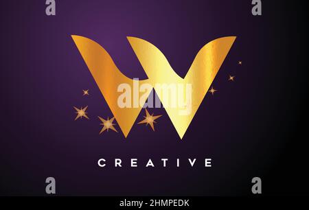 Logo Gold W Letter con stelle glitterate dorate e icona della tessitura in lamina d'oro. Lettera W con le stelle d'oro e magico aspetto Vector Illustration. Illustrazione Vettoriale