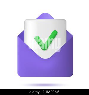 Icona di segno di spunta nella busta 3D. Concetto di approvazione. Documento e busta postale. 3d rendering Illustrazione Vettoriale