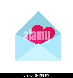 Illustrazione di due cuori che escono dalla busta blu. Per logo, icone e simboli. Immagine vettoriale del giorno di San Valentino Illustrazione Vettoriale