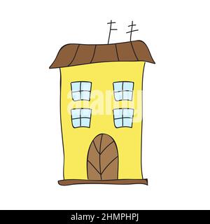 Edificio giallo a più piani su sfondo bianco. Semplice città cartoon paesaggio urbano. Illustrazione vettoriale. Illustrazione Vettoriale
