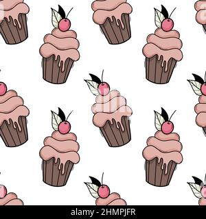 Modello senza cuciture con cupcake disegnati a mano con ciliegie. Illustrazione Vettoriale