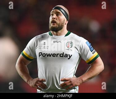 Bristol, Regno Unito. 11th Feb 2022. Ollie Hoskins di London Irish, durante la partita a Bristol, Regno Unito, il 2/11/2022. (Foto di Mike Jones/News Images/Sipa USA) Credit: Sipa USA/Alamy Live News Foto Stock