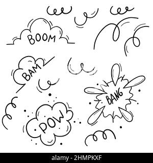 Set esplosione bomba stile Doodle. Discorso in bolle. Illustrazione Vettoriale