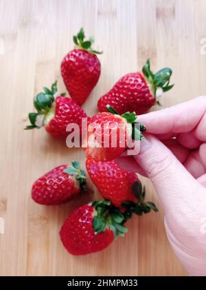 Mano che tiene fragola fresca con un morso mancante Foto Stock