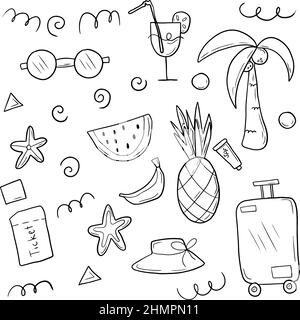 Doodle sketch stile disegnato a mano set di elementi di viaggio vacanze estive. Illustrazione Vettoriale