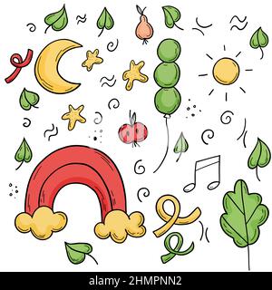 Doodle bambini elementi set con arcobaleno, foglie, nuvole, luna e sole. Illustrazione Vettoriale