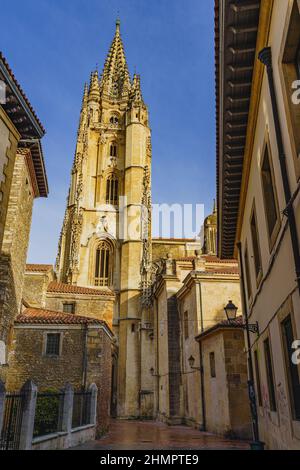 Vista della Cattedrale di Oviedo, Uvieu, nelle Asturie, Spagna Foto Stock