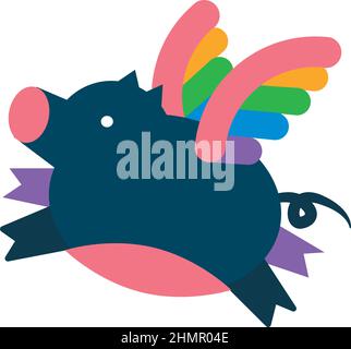 moderno animale di maiale di stile piatto illustratin volante con ali arcobaleno Illustrazione Vettoriale