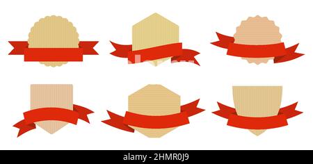 Etichette nastro rosso di cartone. Banner vuoto vendita prezzo speciale, testo dell'annuncio. Etichetta di varie forme. Acquista tagliando per cartello vuoto modello semplice. Etichetta a forma d'epoca con etichetta isolata su bianco Illustrazione Vettoriale