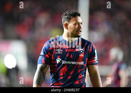 Bristol, Regno Unito. 11th Feb 2022. Alapati Leiua di Bristol Bears durante la partita di rugby Gallagher Premiership tra Bristol Rugby e London Irish ad Ashton Gate, Bristol, Inghilterra, il 11 febbraio 2022. Foto di Scott Boulton. Solo per uso editoriale, licenza richiesta per uso commerciale. Nessun utilizzo nelle scommesse, nei giochi o nelle pubblicazioni di un singolo club/campionato/giocatore. Credit: UK Sports Pics Ltd/Alamy Live News Foto Stock