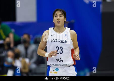 Belgrado, Serbia, 10th febbraio 2022. Danbi Kim di Corea reagisce durante la partita del torneo di qualificazione FIBA Women's Basketball World Cup tra la Corea del Sud e la Serbia a Belgrado, in Serbia. Febbraio 10, 2022. Credit: Nikola Krstic/Alamy Foto Stock