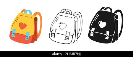 Zaino bambini scuola icona cartoon linea disegnata o timbro, set di doodle. Borsa semplice segno per i bambini della scuola, lo studente, il viaggiatore e il simbolo del turista escursionistico. Progettare immagini vettoriali su Web, dispositivi mobili e applicazioni Illustrazione Vettoriale