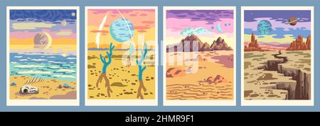 Fantasy cartoon paesaggio di pianeta alieno in caldi colori vibranti. Set di quattro sfondi moderni e colorati. Illustrazione Vettoriale