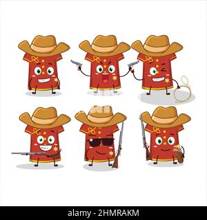 Cowboy cool rosso abbigliamento bambini donna cinese personaggio cartoon con un cappello carino. Illustrazione vettoriale Illustrazione Vettoriale