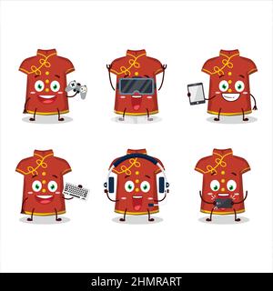 Rosso abbigliamento bambini donna cinese personaggio cartoon stanno giocando con vari simpatici emoticon. Illustrazione vettoriale Illustrazione Vettoriale