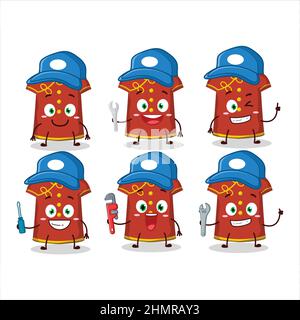 meccanico rosso abbigliamento bambini donna cinese carino personaggio mascotte con pinze. Illustrazione vettoriale Illustrazione Vettoriale