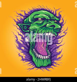 Green Head Zombie Ugly Halloween Vector illustrazioni per il tuo lavoro Logo, mascotte merchandise t-shirt, adesivi e disegni etichette, poster Illustrazione Vettoriale
