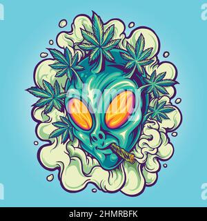 Alien Head Weed Plants Hair Smoke Vector Illustrations for your work Logo, mascotte merchandise t-shirt, adesivi ed etichette, poster Illustrazione Vettoriale