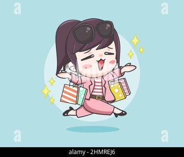 Carino ragazza shopping felicemente illustrazione cartoon Illustrazione Vettoriale