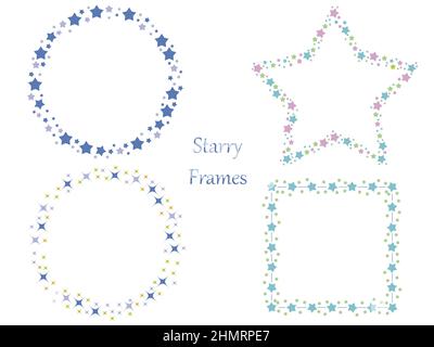 Collezione di cornici a stella con cornici rotonde, quadrate e a stella isolate su sfondo bianco. Illustrazione vettoriale. Illustrazione Vettoriale