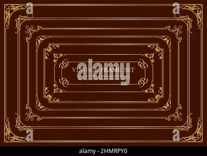Set di Seven Gold Rectangle Vintage Frames isolato su sfondo scuro. Illustrazione vettoriale. Illustrazione Vettoriale