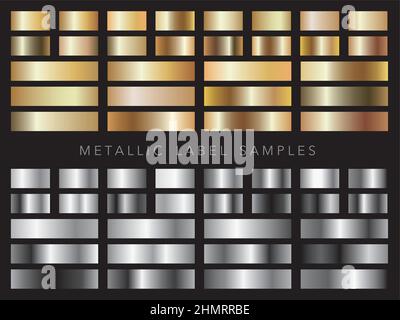 Campioni di etichette metalliche isolati su sfondo nero, illustrazione vettoriale. Illustrazione Vettoriale