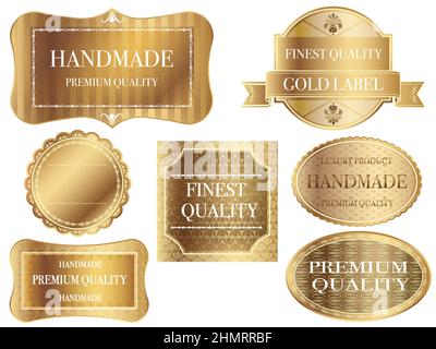 Etichette in oro con spazio di testo isolato su sfondo bianco, illustrazione vettoriale. Illustrazione Vettoriale