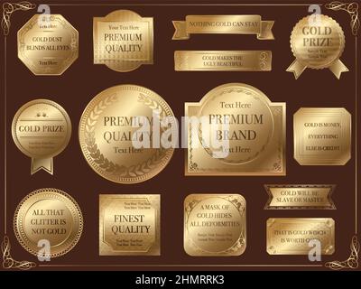 Etichette in oro con spazio di testo isolato su sfondo scuro. Illustrazione vettoriale. Illustrazione Vettoriale