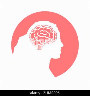 Cervello umano su donna o ragazza testa rossa icona per app e siti web su sfondo bianco. Illustrazione del ritaglio vettoriale. Illustrazione Vettoriale